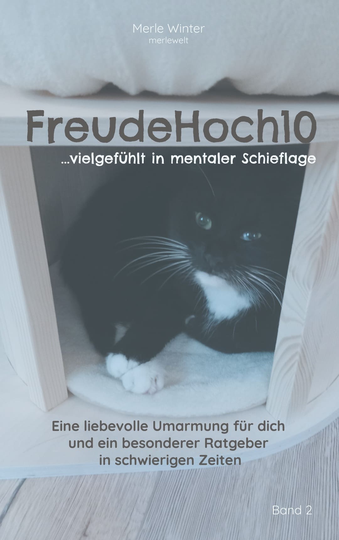 Buchcover FreudeHoch10 – vielgefühlt in mentaler Schieflage mit schwarzem Kater auf dem Cover von Merle Winter